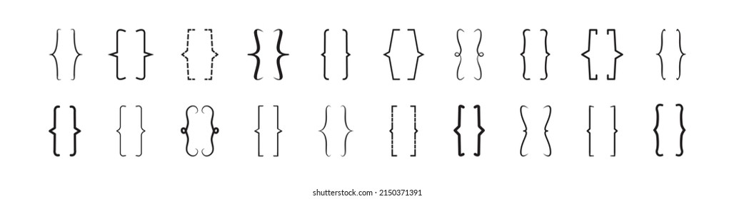 Icono de vector de línea de paréntesis, forma diferente paréntesis, doodle de carácter de llave negra aislado en fondo blanco. Ilustración de citado