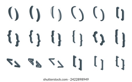 Iconos de paréntesis de paréntesis establecen vectores isométricos. Abre con el rizo cerrado. Corchetes de texto