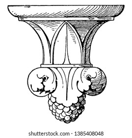 Bracket Piscina Pendant Knob is found under the piscina of a church, stone, wood, stucco or metal, vintage line drawing or engraving illustration.