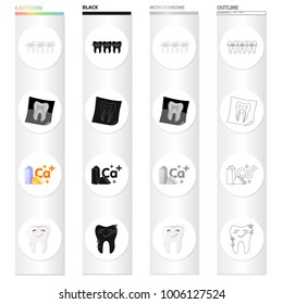 Bracket system for care, a snapshot of the tooth, calcium, dairy products, a healthy tooth . Dental care set collection icons in cartoon black monochrome outline style vector symbol stock illustration