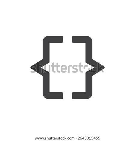 Brackets code solid glyph icon. A pair of curly brackets in glyph style. This solid icon symbolizes programming, coding, or software development.