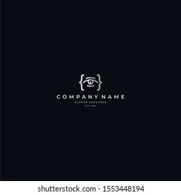Brackets with eye logo concept, mysterious and elegant style with minimalist line art style, suit for coding logo 