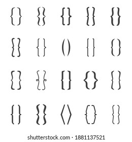 Brackets icon, marks to enclose words, figures to separate. Square, round and angle, curly brace brackets. Vector line art illustration on white background
