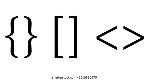 Conjunto de iconos de corchetes. Gráfico de Vector de corchetes cuadrados, tirantes rizados y corchetes angulares.