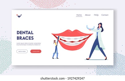 Brackets Installation for Teeth Alignment Landing Page Template. Tiny Dentist Doctors Characters Install Dental Braces to Huge Patient Teeth, Treatment, Dentistry. Cartoon People Vector Illustration