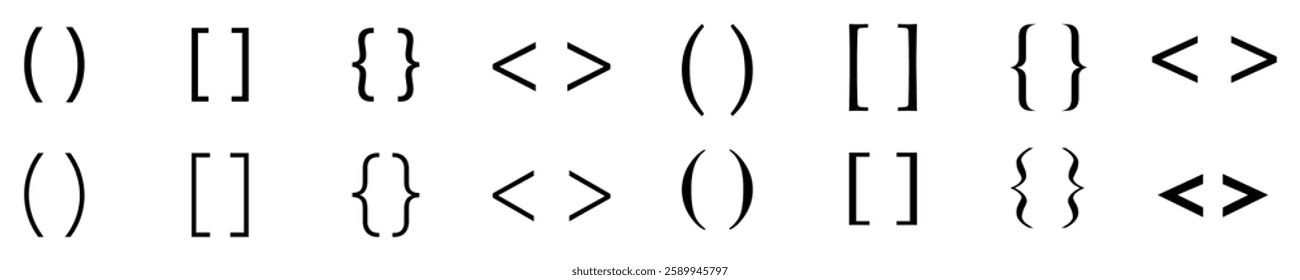 Brackets line icons set. Parentheses, braces, square and angle brackets.