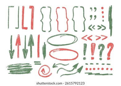 Brackets marks, arrow doodle set. Crayon underlines, quotation marks, ellipse and signs. Scribble pencil emphasis note highlights. Vector hand drawn illustration isolated on white background.