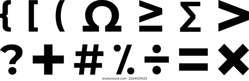 Brackets, Omega, Multiplication, Addition, Subtraction, Hash, Omega, Question Mark and Various Mathematical Symbols.