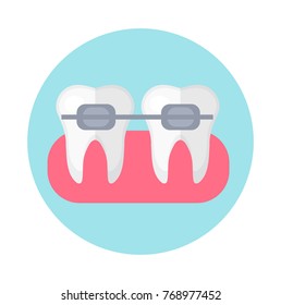 Brackets on the teeth. Icon flat style. Dentistry, dentist concept. Isolated on white background. Vector illustration