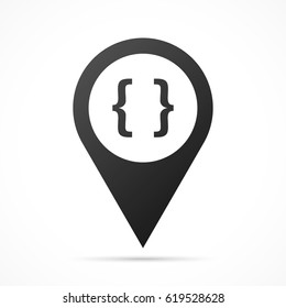 Brackets Symbol on map pin. Location pointer isolated on a white background.
Conceptual vector illustration.