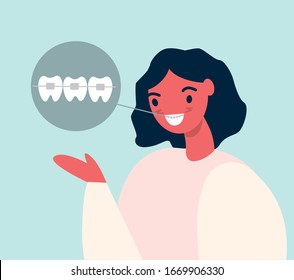 Sistema de corchetes, llaves en dientes hembras. Servicios ortodoncicos. Ilustración vectorial en estilo plano.