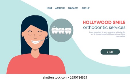 Brackets system on woman teeth. Orthodontic services template for website, landing page. Vector illustration in flat style. 