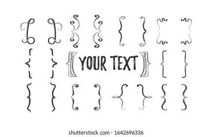 Brackets vector vintage curly typography icon. Black hooks in vintage style, doodle. Hand drawn simple brackets set. Black hooks isolated on white background. Vector illustration, EPS 10.