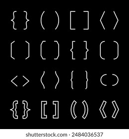 Brackets, white line icons. Typography symbols of various shapes. Essential for editorial and design themes. Symbols on black background. Editable stroke.