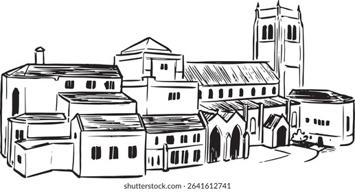 Bradford Cathedral, Inglaterra ilustrações de tinta marco.  Catedral anglicana refletindo mudanças históricas. Ilustrações arquitetônicas antigas. Inglês structures sketches. 