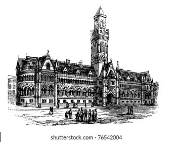 Bradford City Hall,  Bradford, West Yorkshire, United Kingdom vintage engraving. Old engraved illustration of Bradford City Hall,  United Kingdom, 1890s. Trousset Encyclopedia