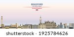 Bradford cityscape on sunset sky background vector illustration with country and city name and with flag of United Kingdom