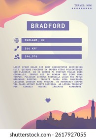 Bradford, England vector infographics, brochure layout. Guide, leaflet, flyer, advertising graphic template with text, information, UK city skyline shape. Page, festival, cover mock up image