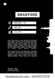 Bradford, England vector infographics, brochure black and white layout. Guide, leaflet, flyer, graphic template with text, information, skyline contour. Page, festival, cover mock up image