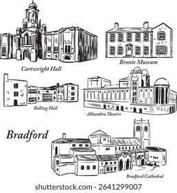 Ilustrações a tinta de marcos de Bradford: Cartwright Hall, Museu Bronte, Bolling Hall, Teatro Alhambra, Catedral de Bradford. Desenhos arquitetônicos em estilo texturizado simples. Religião Angelican. Turismo.