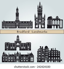 Bradford landmarks and monuments isolated on blue background in editable vector file