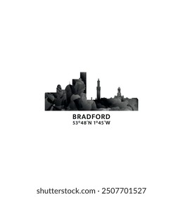 Panorama de Bradford, insignia de Vector, logotipo e ícono del horizonte. Logotipo del horizonte de la ciudad del Reino Unido, Inglaterra con Lugares famosos y siluetas de construcción. Gráfico de gradiente abstracto brumoso aislado