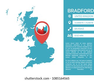 Bradford pin point map shape vector infographics template. Modern city data statistic isolated illustration
