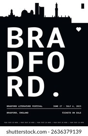 Bradford typography minimalist vector poster for national event, cultural festival, independence day, holiday layout. Brochure, leaflet, flyer, presentation image template for England, UK city