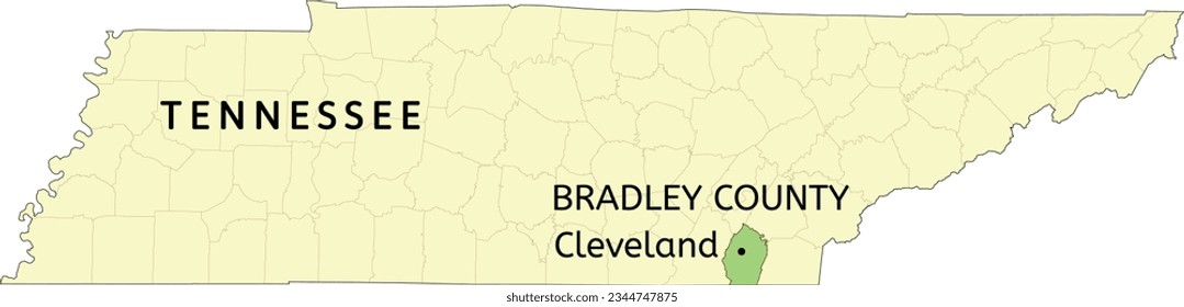 Ubicación del condado de Bradley y la ciudad de Cleveland en el mapa estatal de Tennessee