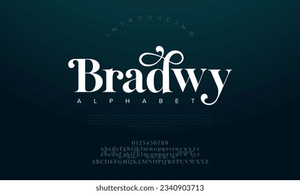 Bradwy premium luxury elegant alphabet letters and numbers. Elegant wedding typography classic serif font decorative vintage retro. Creative vector illustration