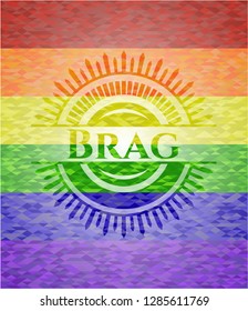 Brag emblem on mosaic background with the colors of the LGBT flag