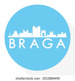 Braga, Portugal Round Button City Skyline Design. Silhouette Stamp Vector Travel Tourism.