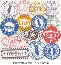 Braga, Portugal Set of Stamps. Travel Stamp. Made In Product. Design Seals Old Style Insignia.