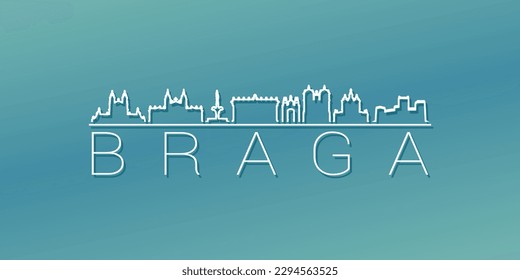 Braga, Portugal Skyline Linear Design. Flat City Illustration Minimal Clip Art. Background Gradient Travel Vector Icon.