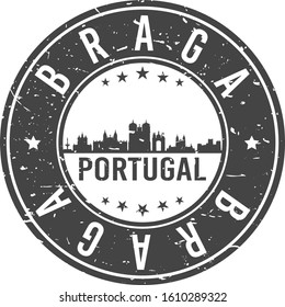 Braga Portugal Skyline. Round Postmark Icon City Design. Vector Landmark Travel.
