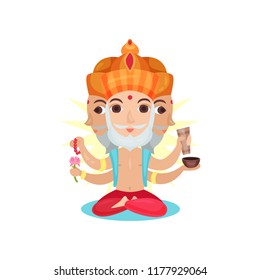 Brahma Indian many faced god, great God of creation cartoon vector Illustration on a white background