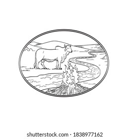 Brahman Bull Standing With Winding River Or Creek Mountain Range And Campfire Line Art Drawing Tattoo Style Black And White