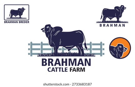 brahman cattle farm logo, silhouette of big bull standing  in farm vector illustrations