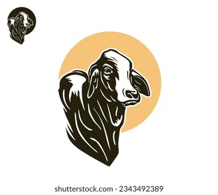 BRAHMAN CATTLE HEAD LOGO, silhouette of strong healthy cow with circle, this image you can use as company banner or poster, etc.