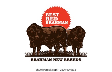 brahman cattle new breeds logo, silhouette of great cow at field vector illustrations