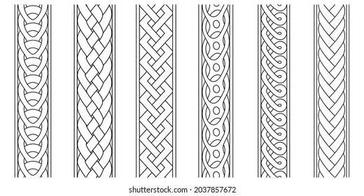 Braid borders. Abstract braids border set, religious knitted seamless ornaments, linear knitted striped decorative ropes vector graphics, weaving intertwined line patterns isolated on white