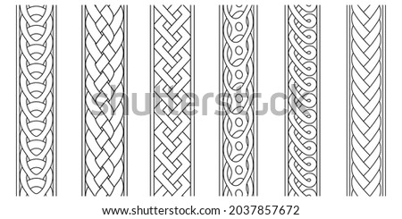 Braid borders. Abstract braids border set, religious knitted seamless ornaments, linear knitted striped decorative ropes vector graphics, weaving intertwined line patterns isolated on white Foto d'archivio © 