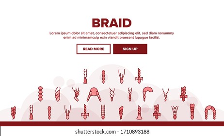 Braid Bread Hairstyles Landing Web Page Header Banner Template Vector. Long Female Braid, Braided Hair Style With Bow-knot, Fashion Pigtail Illustration