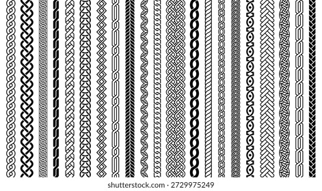 Braid Celtic knot border seamless pattern set for vintage frame, tattoo bracelet and Viking engraving. Braided line ornament, rope divider for Scottish textile. Vector isolated brushes set.