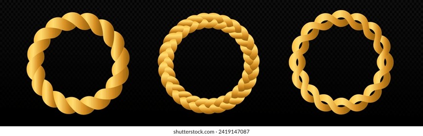 Braid circle golden 3d frame. Round braided ring. Twisted rope ornament