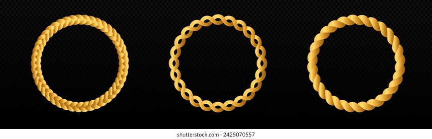 Braid circle golden 3d frame. Round braided ring. Twisted rope ornament