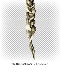 A braid of dyed highlighted shiny hair isolated on a transparent background. 3D vector realistic illustration.