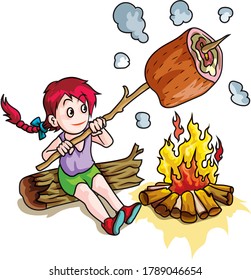 The braid girl sat on the fire and grill a large piece of meat with a skewer cartoon vector