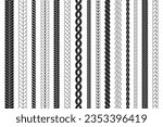 Braid lines brushes. Braided frames, knit texture seamless pattern. Rope or plait designs elements. Cord decoration border decent vector graphic set