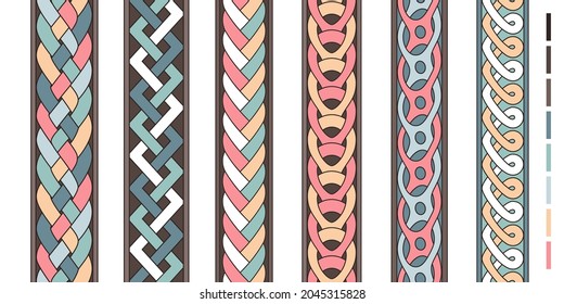 Braid lines. Wicker borders, colored knoted patterns, braided intertwined ropes, vector twist striped ornaments, curly braiding line strings vector set isolated on white background